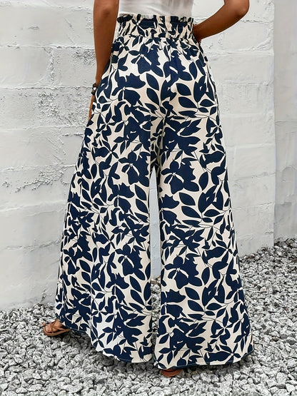 Bredt damebukser i boheme chic-stil med højtaljet løvprint til sommerlige lejligheder og elegante udflugter