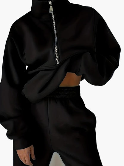 Sweat-shirt zippé à col montant pour femme, style décontracté, idéal automne/hiver