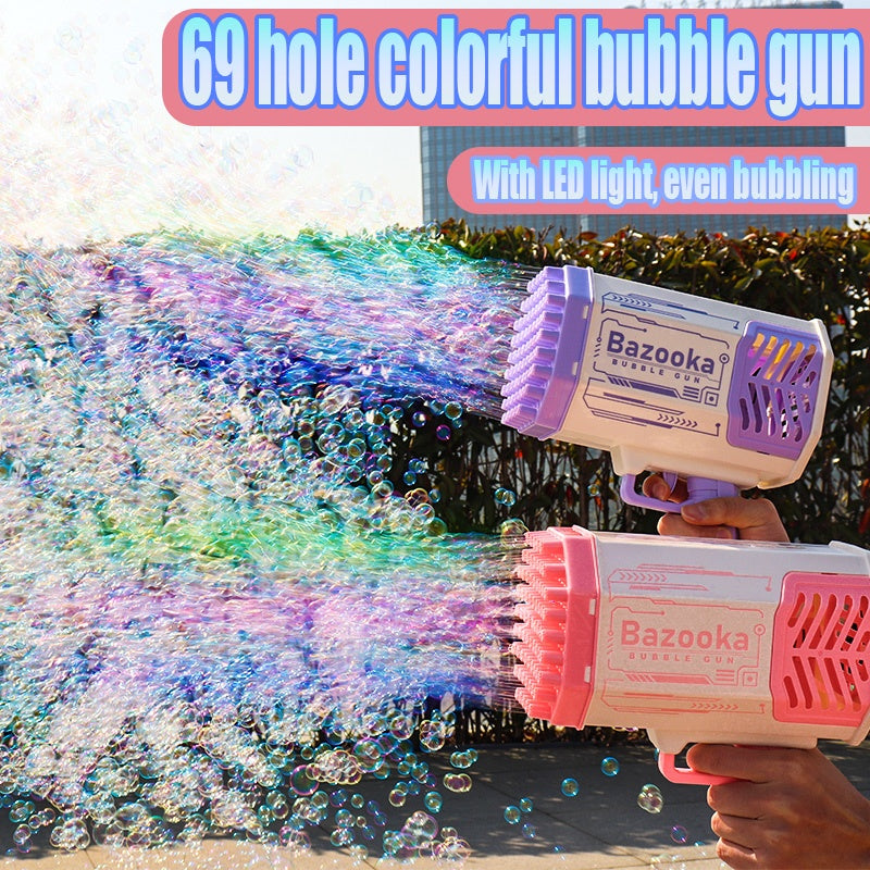 Pistolet à bulles Bazooka 69 trous pour enfants – Jouet interactif et amusant avec ventilateur, idéal pour fêtes et activités extérieures