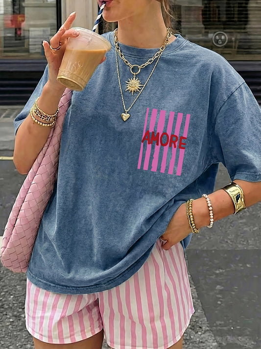 T-shirt décontracté pour femme avec imprimé "AMORE" style streetwear tendance
