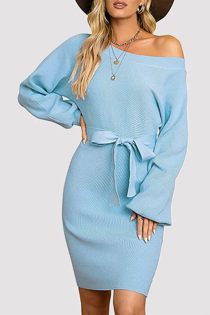 Robe Élégante avec Joint Solide, Col Oblique et Jupe Enveloppante avec Ceinture