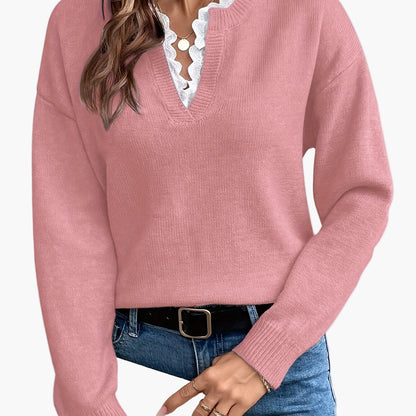 Pull élégant femme col V avec détail dentelle, manches longues, coupe ample, style casual chic pour automne/hiver