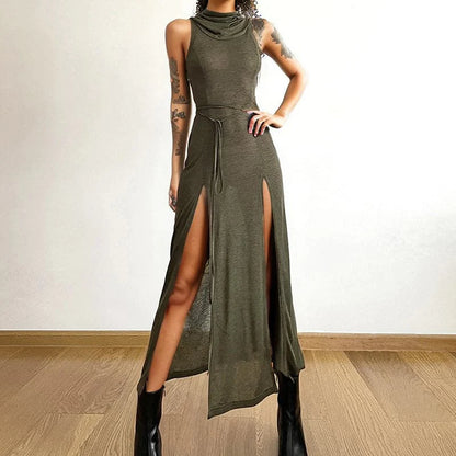 Robe Maxi à Col Bénitier, Sans Manches, Fendue et Creuse, à Capuche
