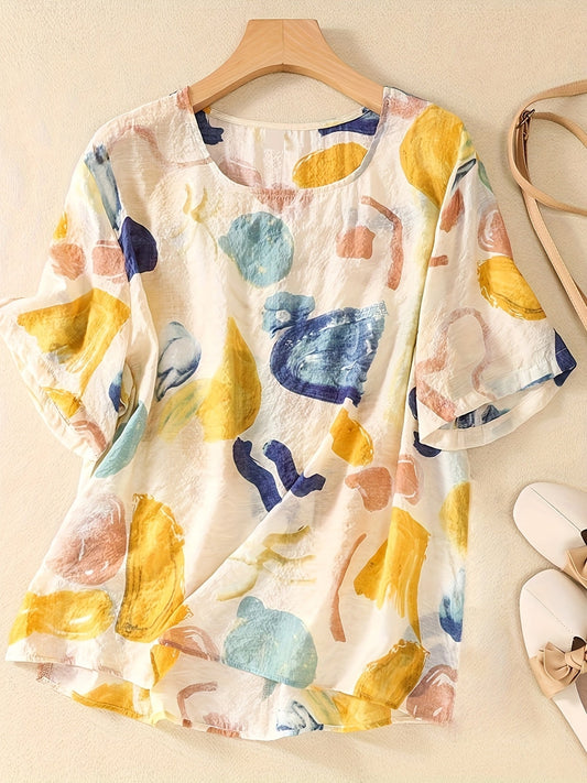 Blusa Donna Stile Casual con Stampa Astratta Maniche Corte