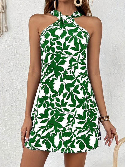 Abito donna elegante con stampa foglie stile estivo collo incrociato