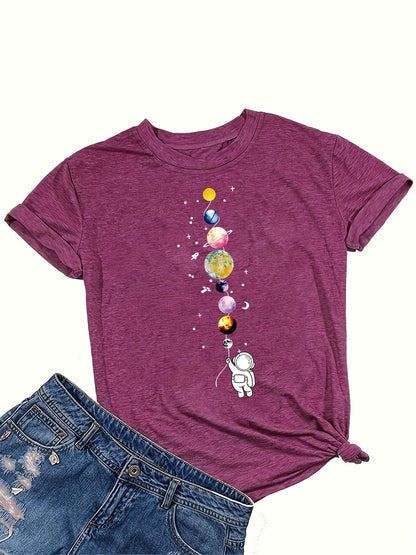 Women's casual style T-shirt with astronaut and planets design, space-inspired, ideal for science enthusiasts and urban fashion fans