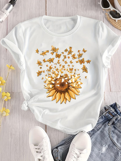 Women's casual style T-shirt with sunflower and butterfly pattern, trendy print for spring-summer