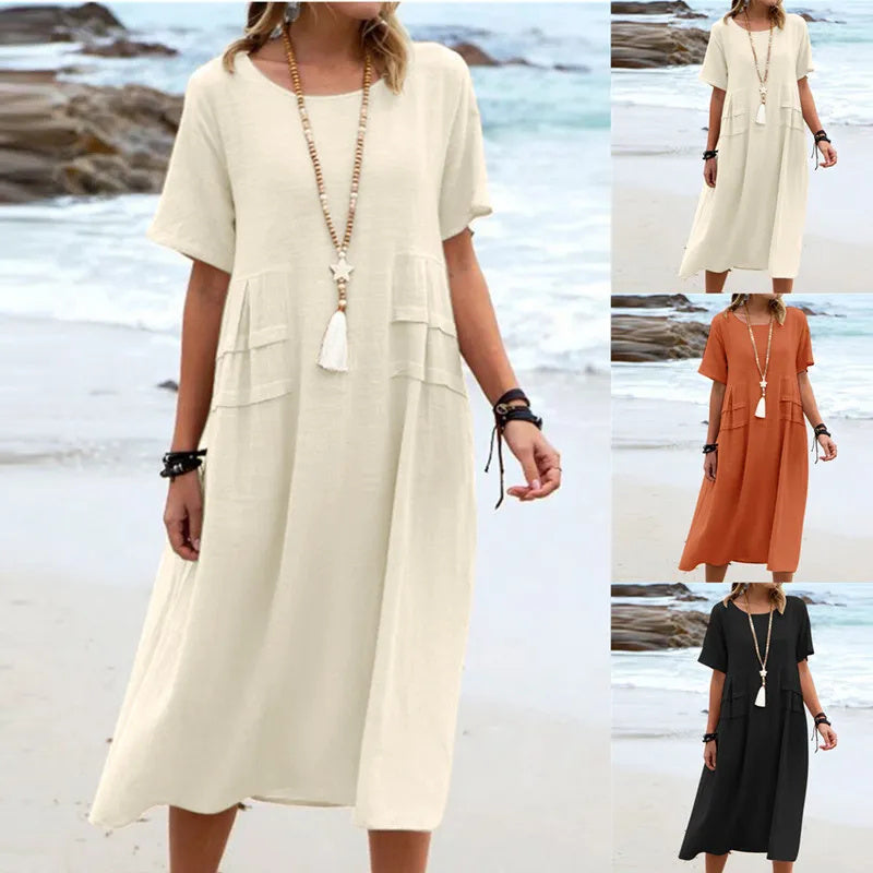 Imogen – Robe Midi Ample d'Été en Coton Lin Respirant à Manches Courtes