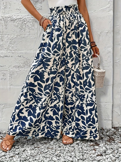 Bredt damebukser i boheme chic-stil med højtaljet løvprint til sommerlige lejligheder og elegante udflugter