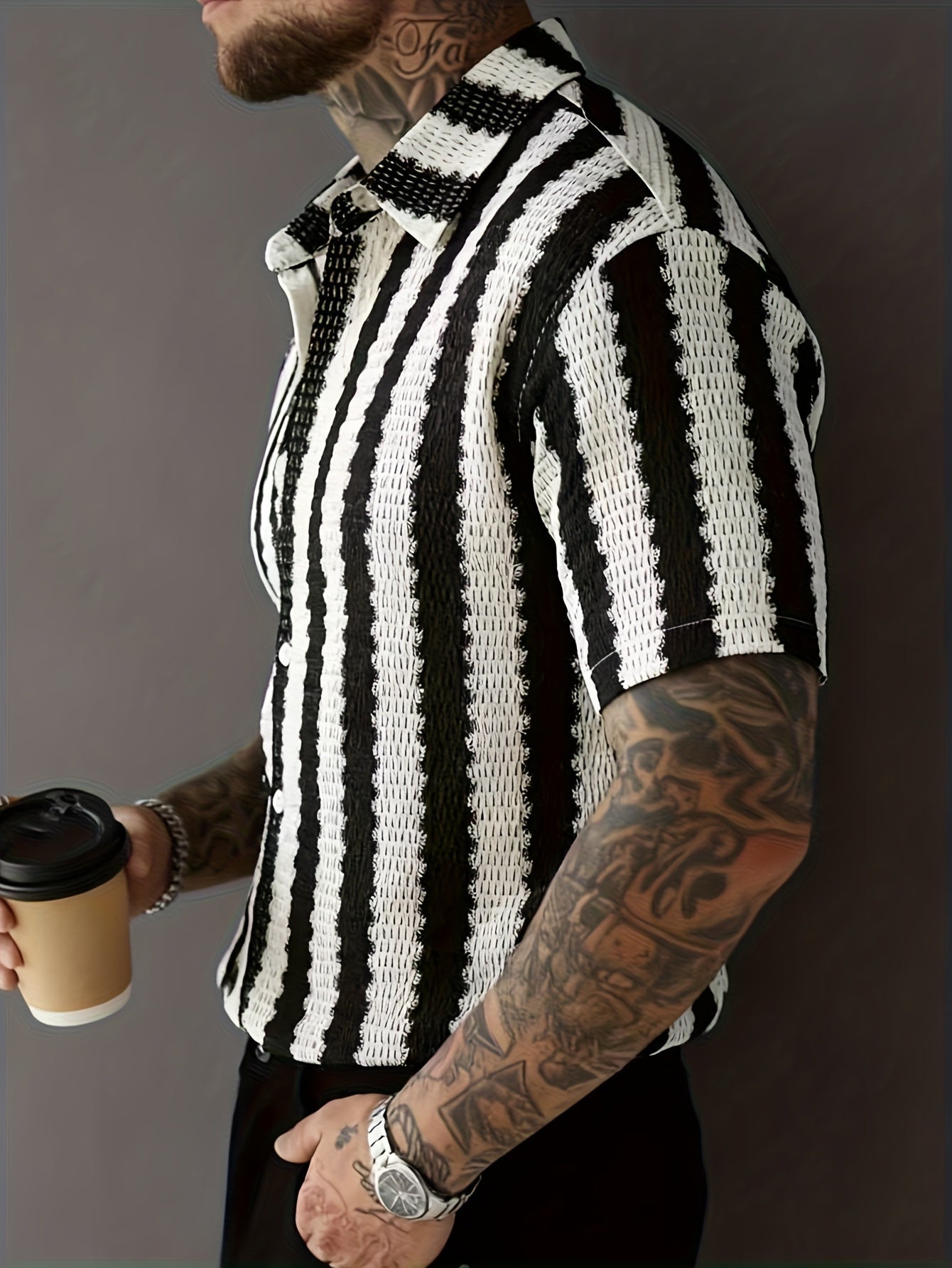 Chemise Resort Homme à Manches Courtes Style Moderne – Rayures Verticales, Look Urbain Décontracté