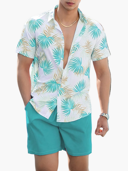 Completo estivo casual uomo stile tropicale – Camicia maniche corte e pantaloncini – Ideale per spiaggia e vacanze