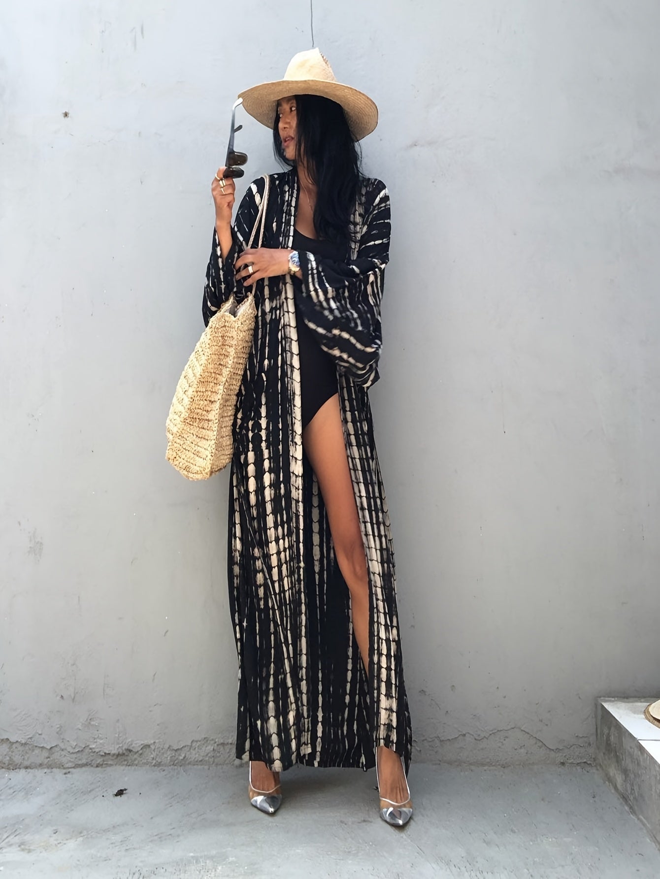 Długie kimono plażowe damskie w stylu boho chic na wakacje i basen