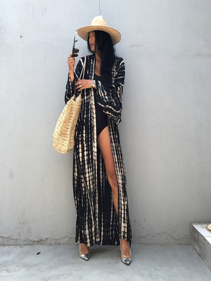 Długie kimono plażowe damskie w stylu boho chic na wakacje i basen