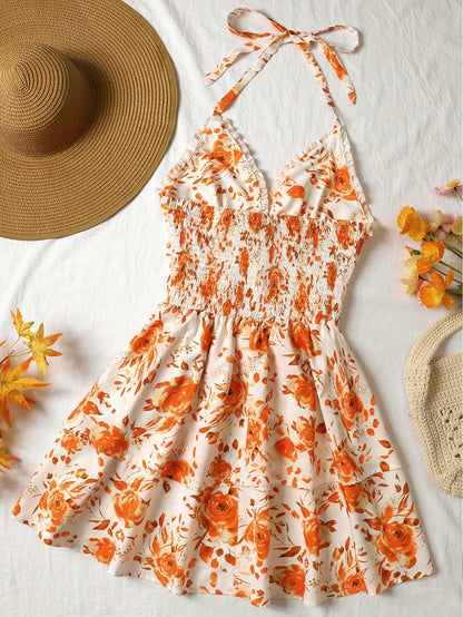 Women's summer dress in bohemian style with ruffles, halter neck, floral print, perfect for evenings and parties