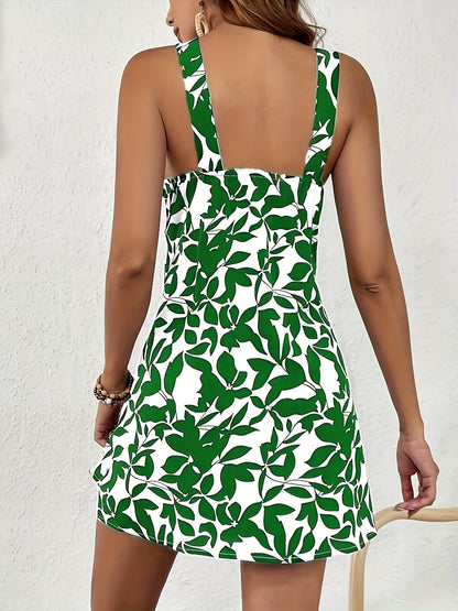 Abito donna elegante con stampa foglie stile estivo collo incrociato