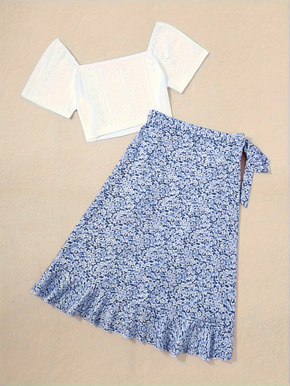 Damesensemble boho-chic stijl – Korte top met korte mouwen en bloemen wikkelrok