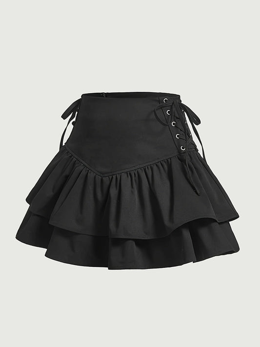 Falda femenina gótica elegante con volantes y corsé con cordones para fiestas y atuendos alternativos
