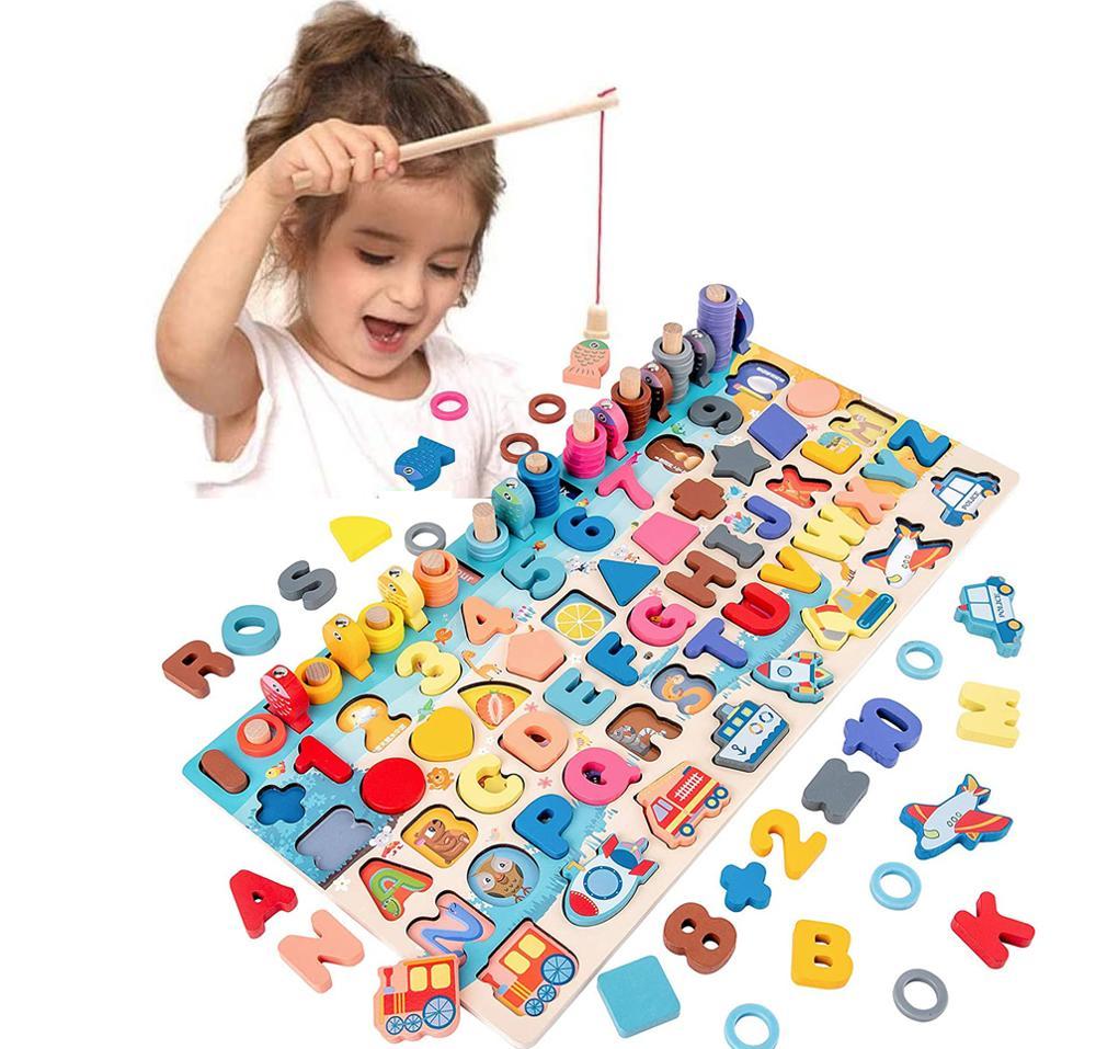 Puzzle Éducatif en Bois pour Enfants – Lettres, Chiffres et Formes – Jeu Montessori d'Éveil et d'Apprentissage