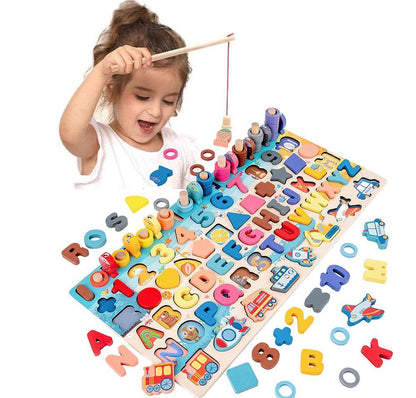 Puzzle Éducatif en Bois pour Enfants – Lettres, Chiffres et Formes – Jeu Montessori d'Éveil et d'Apprentissage
