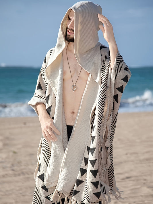Poncho de plage bohème pour homme avec capuche et motifs géométriques – style décontracté festival