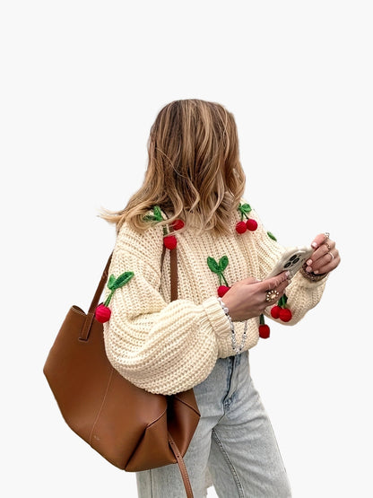 Pull femme style décontracté avec cerises brodées, manches longues, idéal automne-hiver