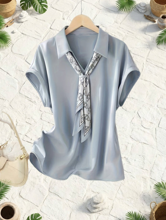 Blusa elegante a maniche corte con colletto e foulard da donna – Stile chic casual