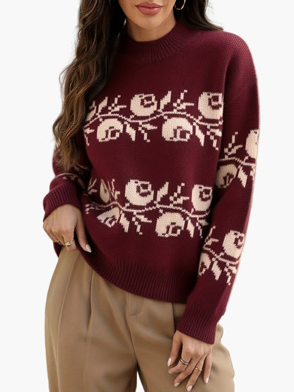 Pull jacquard à fleurs élégantes pour femme, style automne-hiver, manches longues