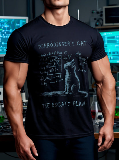 T-shirt uomo geek scienza umorismo Piano di fuga del gatto di Schrödinger stile laboratorio