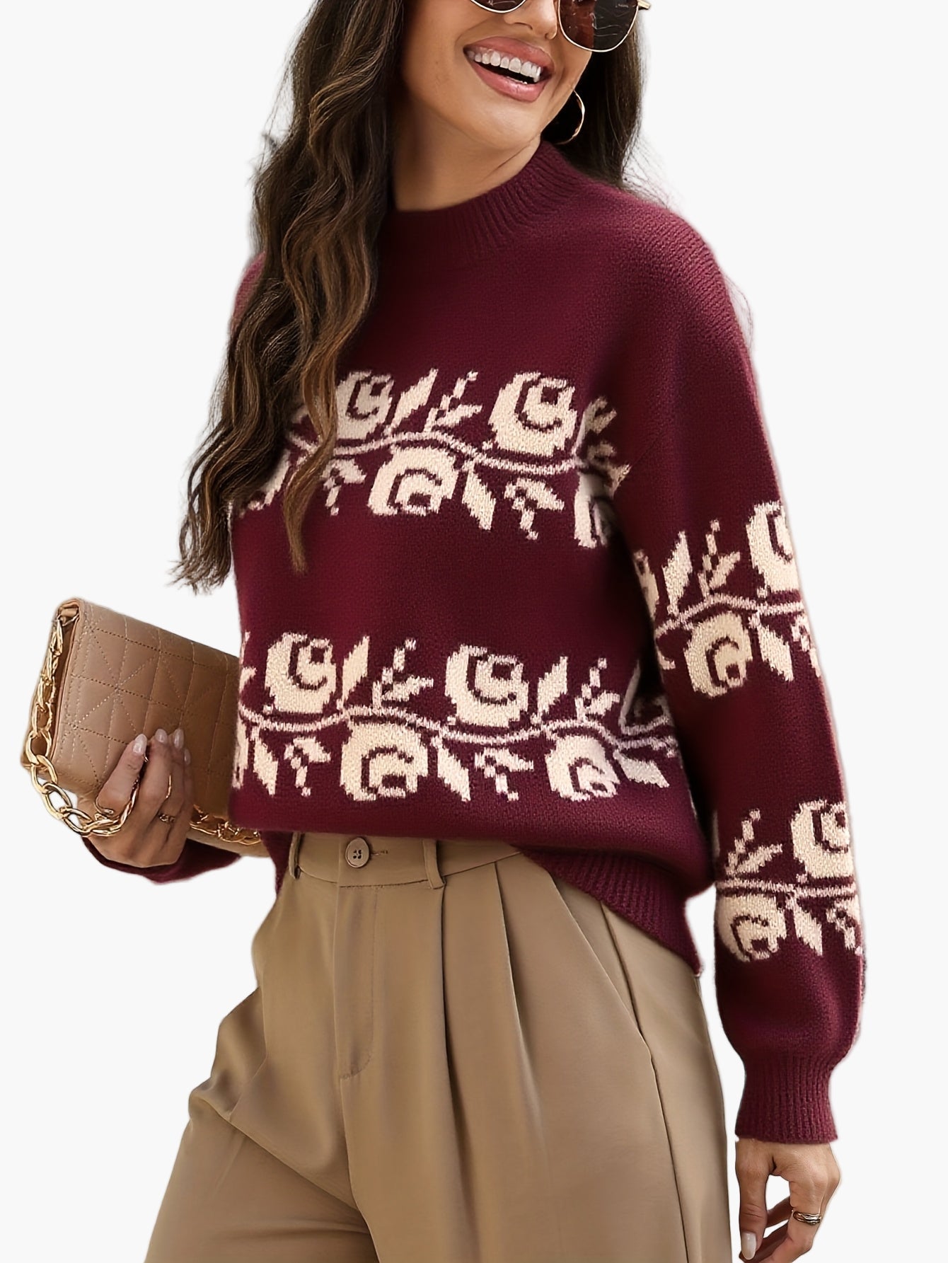 Pull jacquard à fleurs élégantes pour femme, style automne-hiver, manches longues