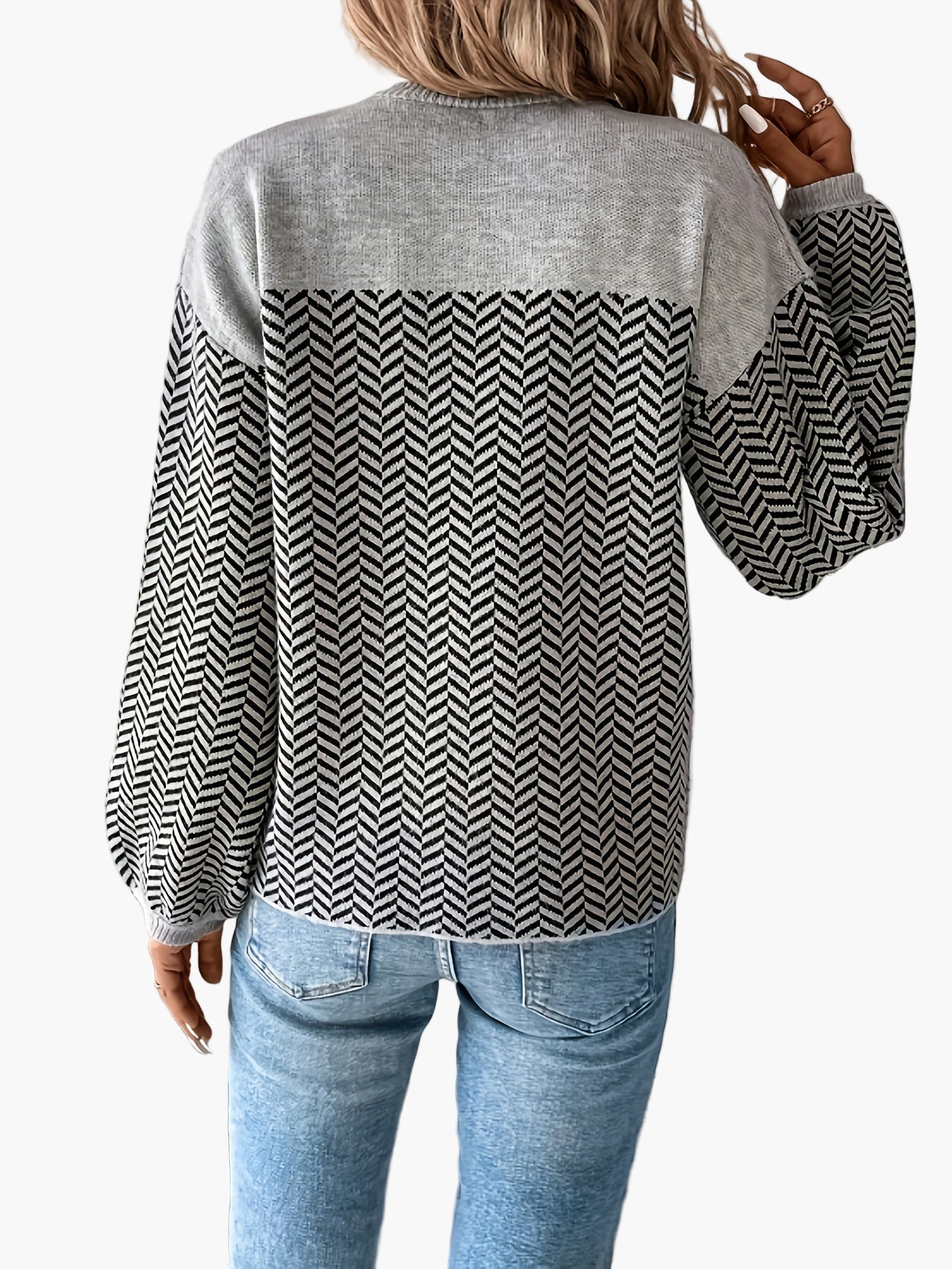 Pull femme décontracté à motif chevrons manches longues coupe régulière pour automne hiver
