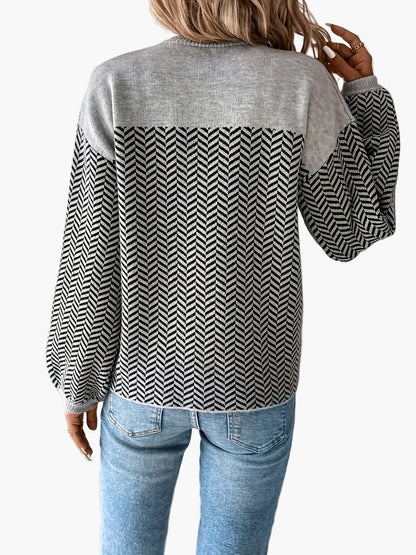 Pull femme décontracté à motif chevrons manches longues coupe régulière pour automne hiver