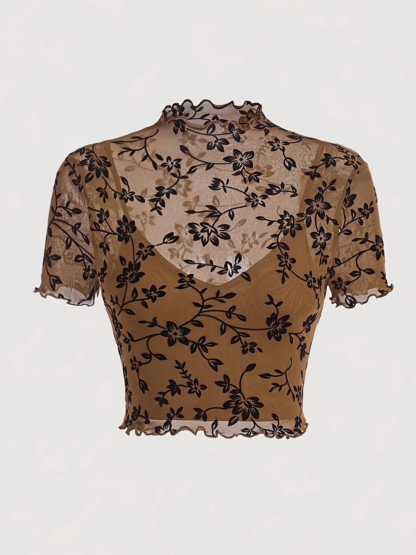 Elegant dame top med blomsterprint, transparent og med høj hals