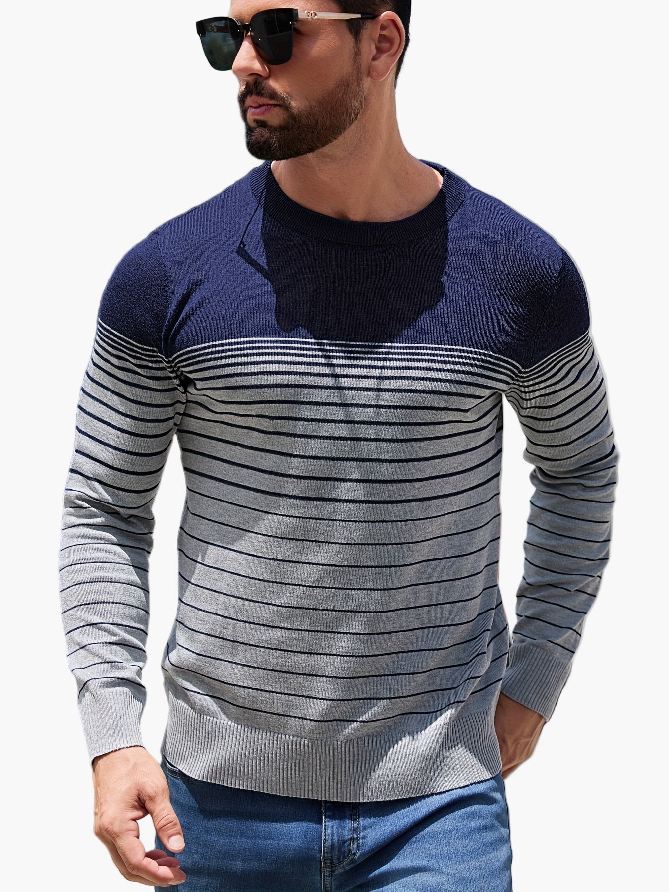 Pull à rayures pour homme style casual – Manches longues, col rond, idéal pour le printemps et l'automne