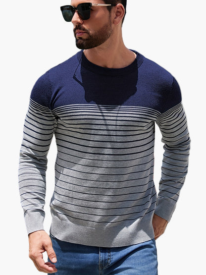 Pull à rayures pour homme style casual – Manches longues, col rond, idéal pour le printemps et l'automne
