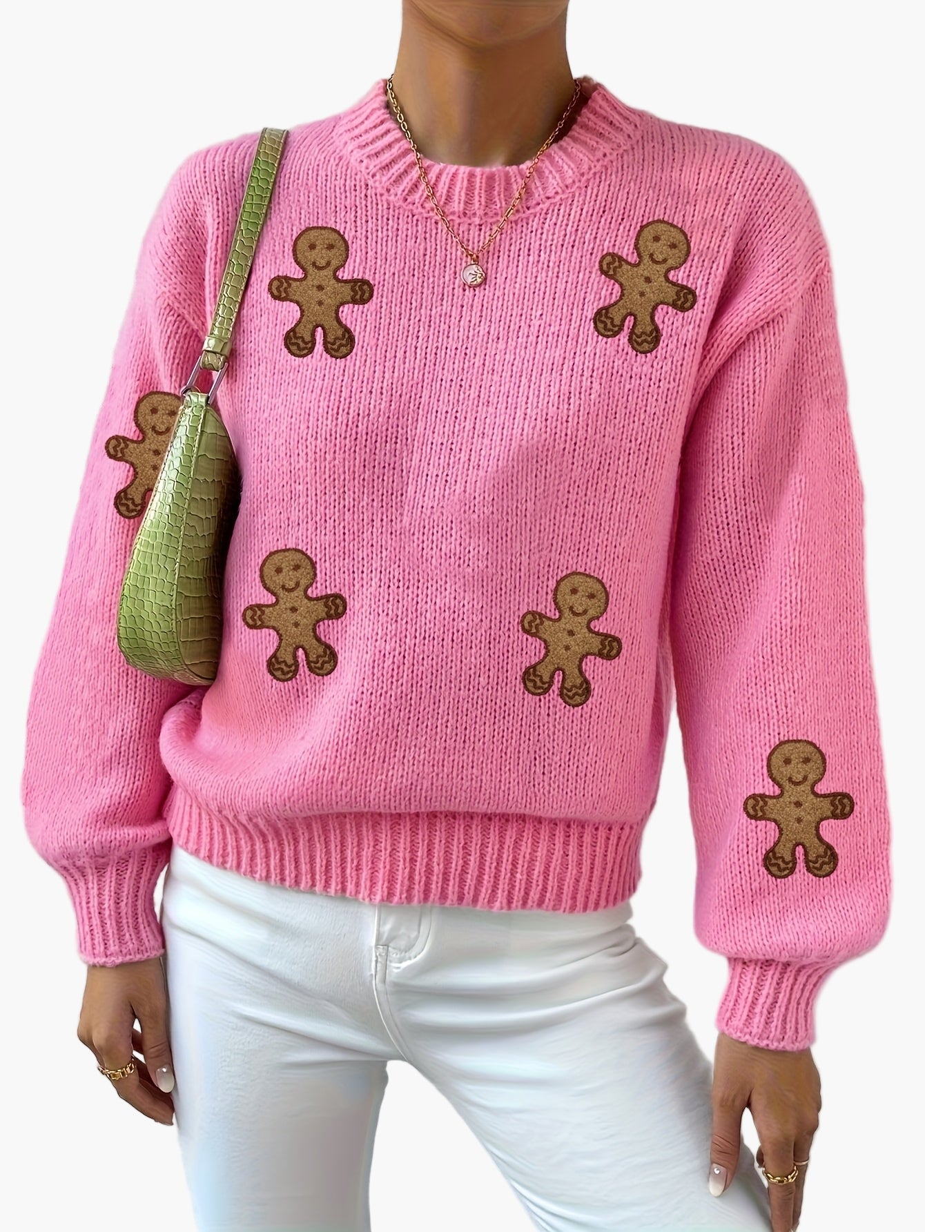 Pull femme style décontracté motif bonhomme pain d'épices pour automne-hiver