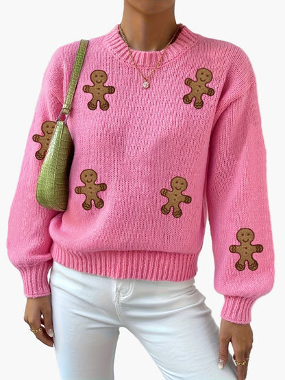 Pull femme style décontracté motif bonhomme pain d'épices pour automne-hiver
