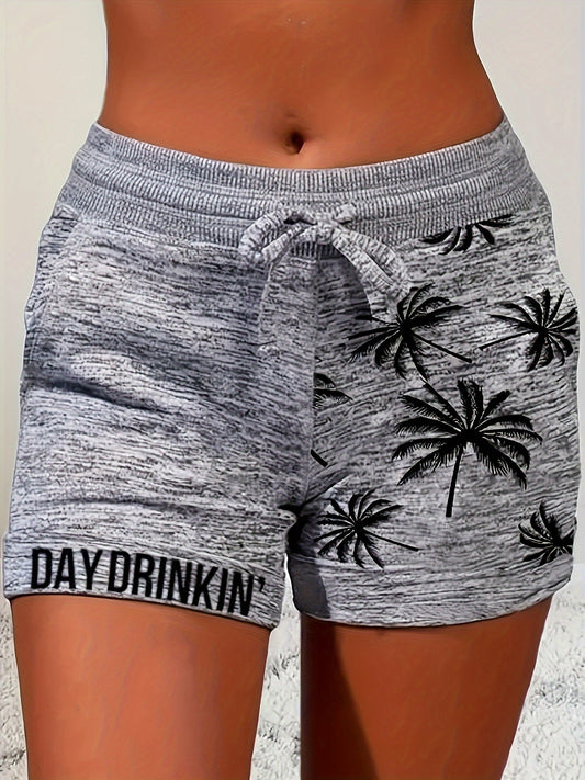 Women's casual shorts vacation style with palm tree pattern and "DAY DRINKIN'" inscription – Ideal for summer and leisure