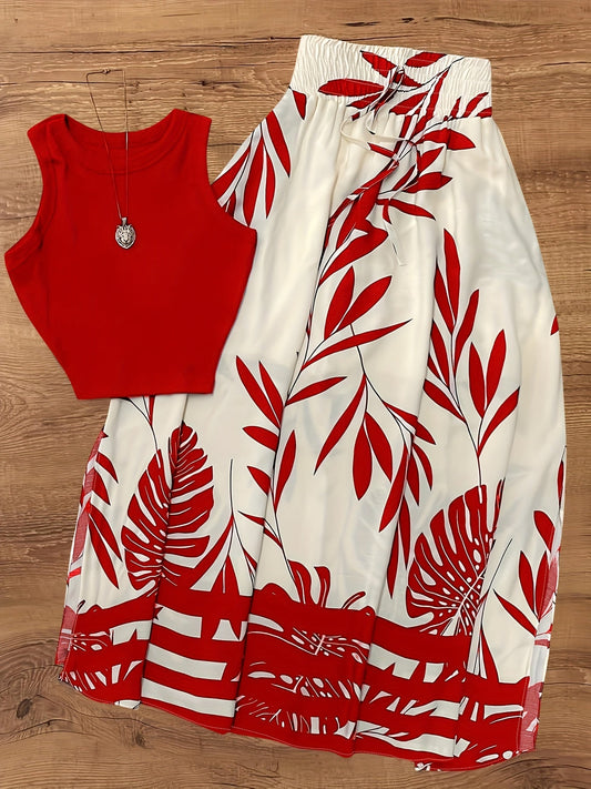 Ensemble féminin style vacances chic à motifs tropicaux - Haut sans manches et jupe longue avec taille froncée