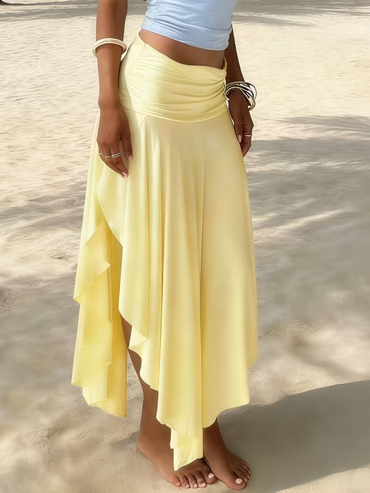 Falda larga de playa para mujer estilo bohemio con cintura fruncida y dobladillo asimétrico - Ideal para vacaciones y la costa