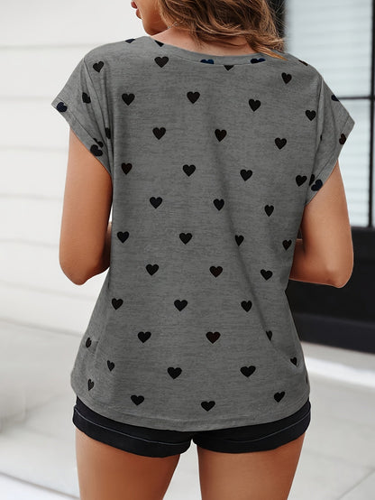 Elegant women's T-shirt with heart print, V-neck, summer chic style