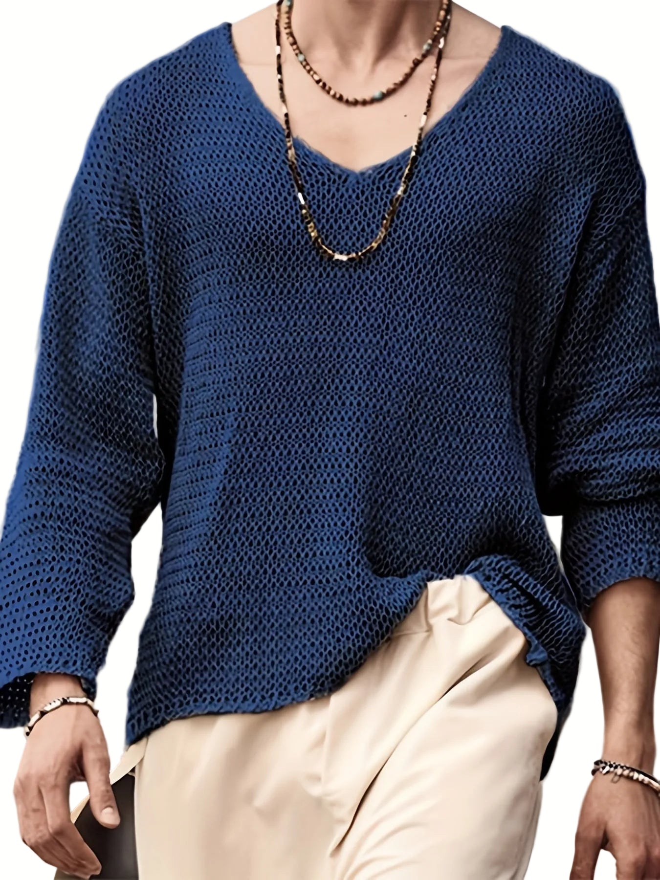 Maglione casual da uomo con scollo a V in maglia traforata, ideale per tutte le stagioni