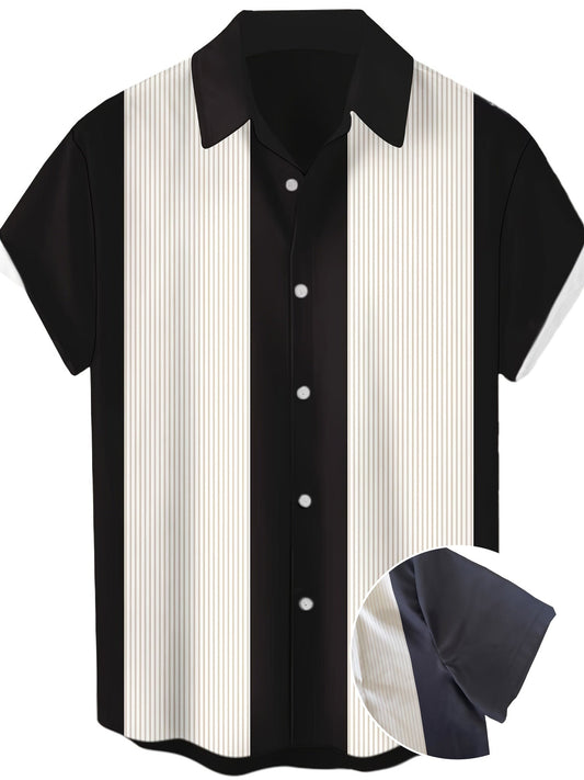 Men's casual bowling-style shirt with vertical stripes and short sleeves