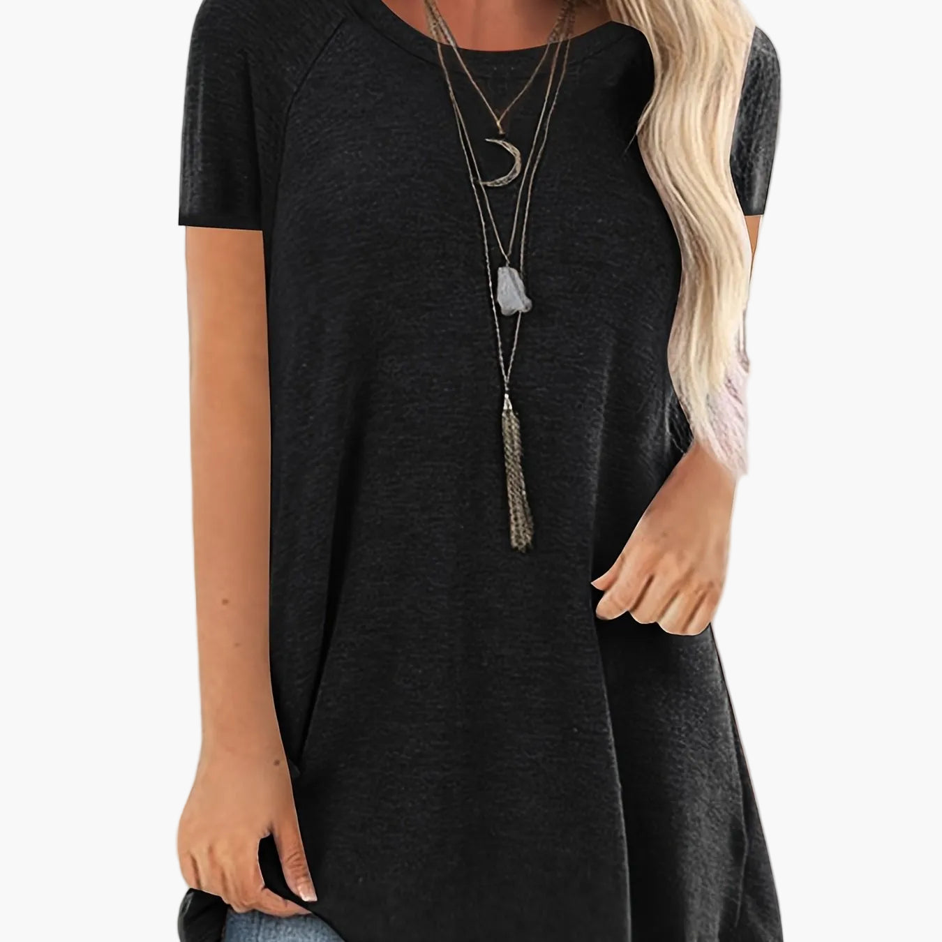 T-shirt lunga casual donna maniche corte collo tondo stile ampio per uso quotidiano
