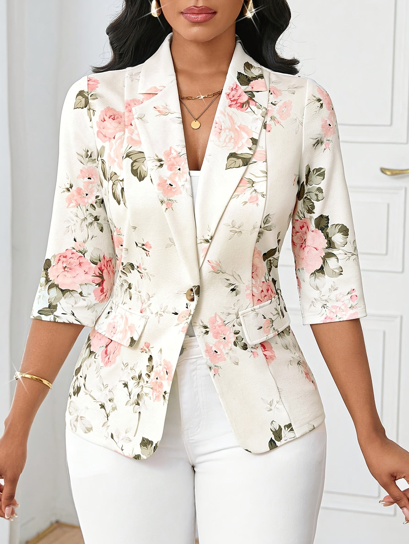 Elegant dameblazer med blomsterprint, forårs- og efterårsstil, trekvartærmer, ideel til kontor og udflugter