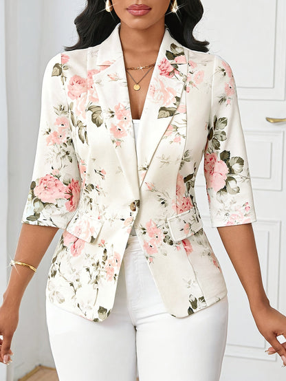 Elegant dameblazer med blomsterprint, forårs- og efterårsstil, trekvartærmer, ideel til kontor og udflugter