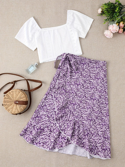 Damesensemble boho-chic stijl – Korte top met korte mouwen en bloemen wikkelrok