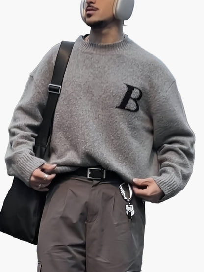 Pull streetwear décontracté pour homme avec lettre B, style tendance automne-hiver