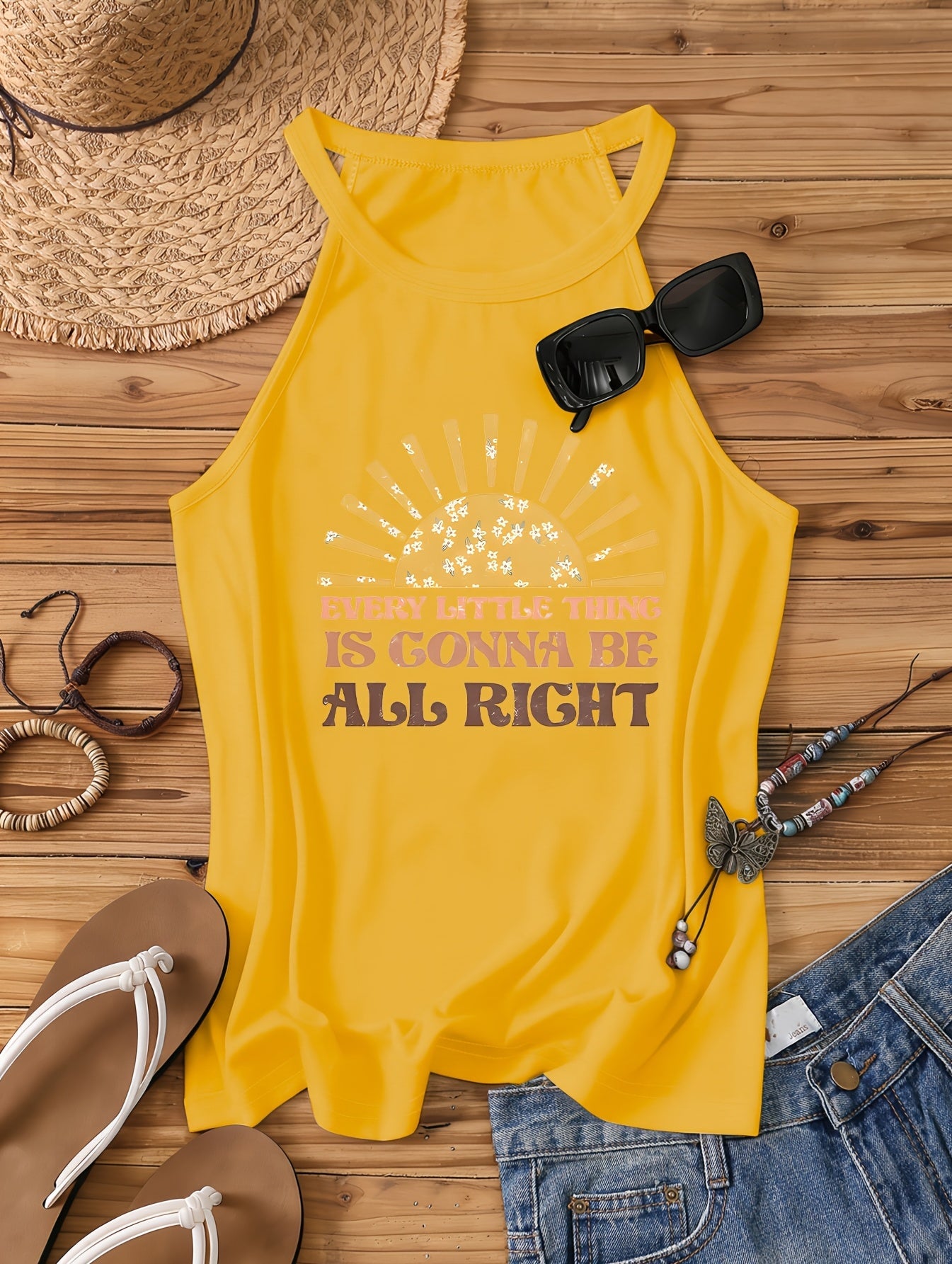 Débardeur Femme Style Bohème Casual - Motif Soleil et Message Positif - Idéal Été et Vacances