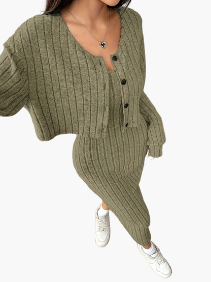 Ensemble Femme Élégant Deux Pièces Pull Boutonné et Jupe Longue Style Décontracté Printemps Automne