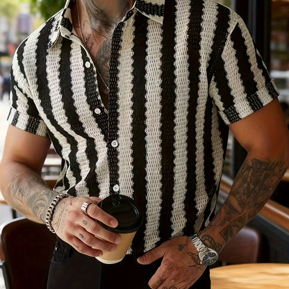 Chemise Resort Homme à Manches Courtes Style Moderne – Rayures Verticales, Look Urbain Décontracté